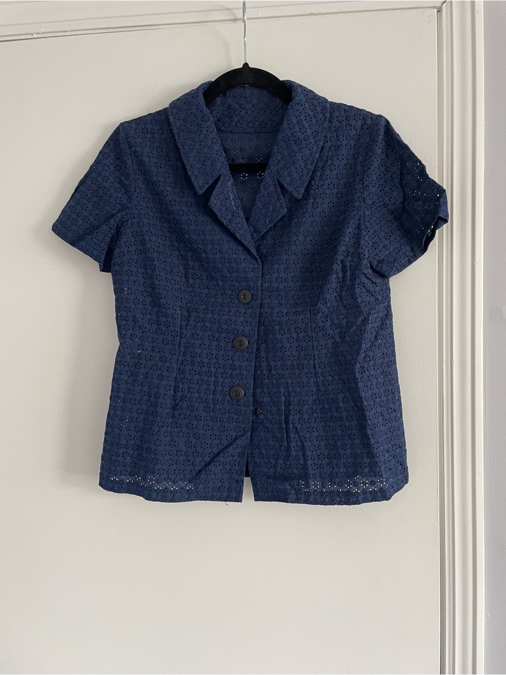 Vintage 1990s Navy Eyelet Button Front Short Sleeve Blouse